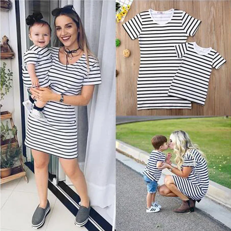 

Mom and Daughter Dress NEW Family Matching Mother&Daughter Women Baby Girls Striped Cotton Dress Casual Clothes Summer Outfits