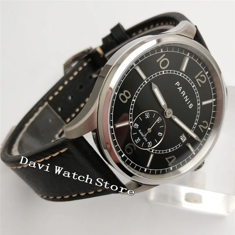 

41mm Parnis Black Dial Leather Band ST1731 Automatic Movement Date Wrist Watch 2746