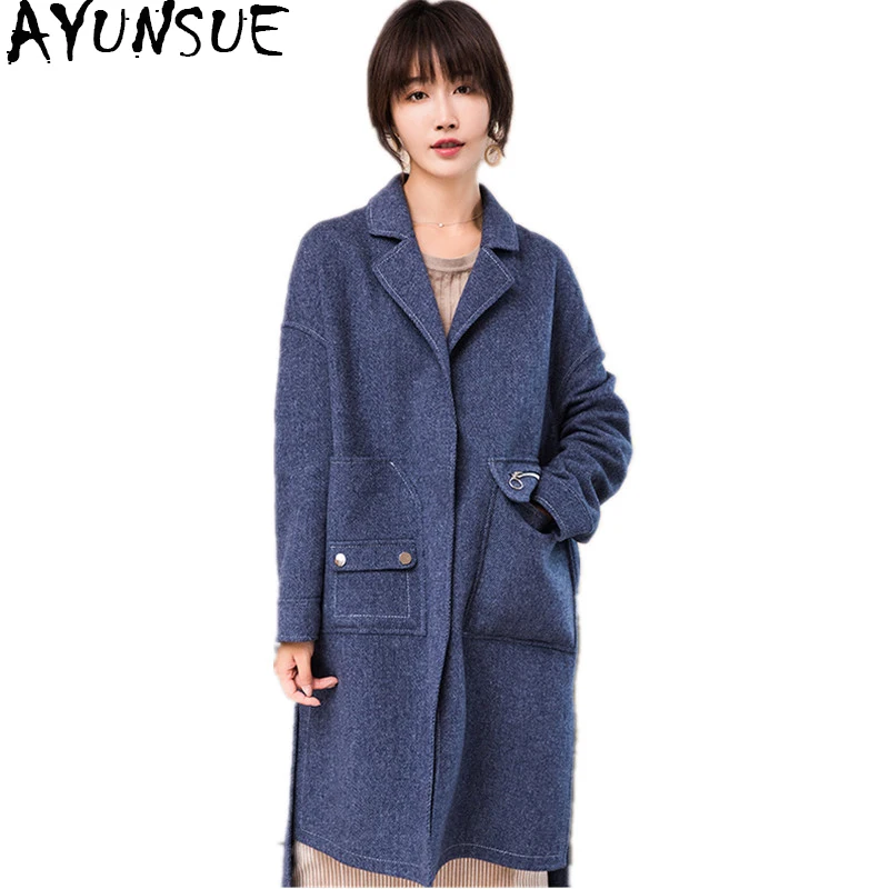 

AYUNSUE 2019 Wool Coat Female Asymmetric Length Double-sided Wool Coats Autumn Winter Jacket Women casaco feminino 38013 WYQ1786