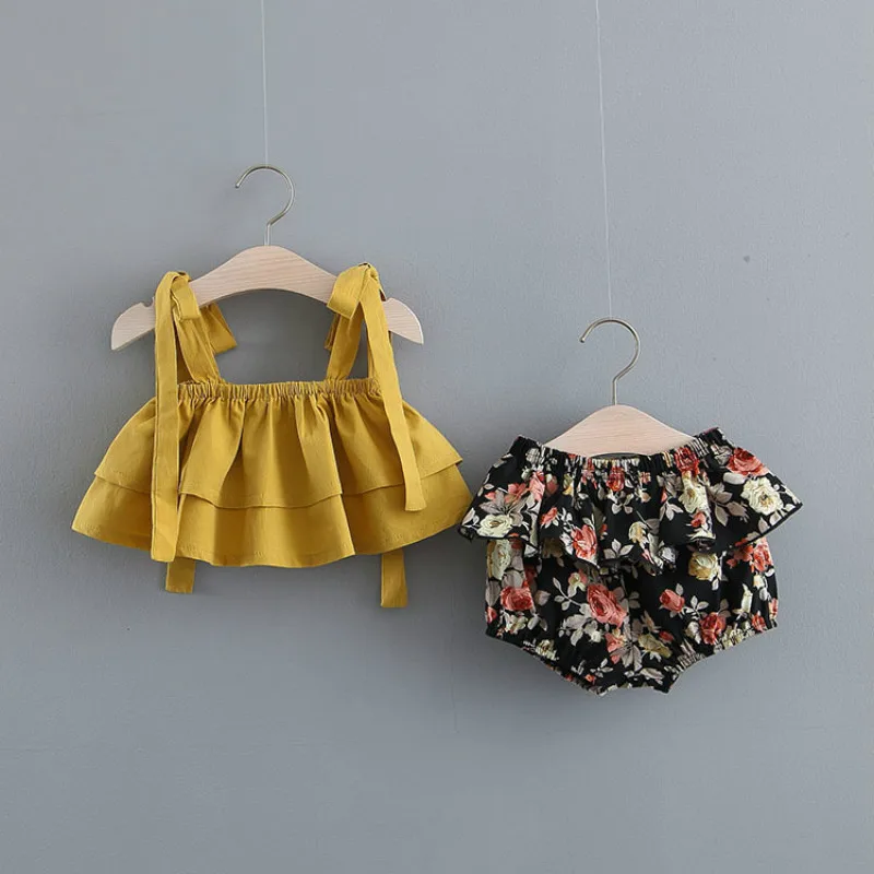 

Summer Girls Set Toddler Suits Mustard Shirt + Floral PP Shorts 2pcs Children Set Girls Clothing