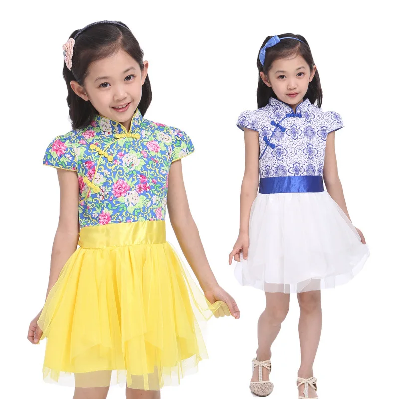 

Children's Garment Summer New Pattern Blue And White Porcelain Girl Dress Princess Kids Clothing Mesh