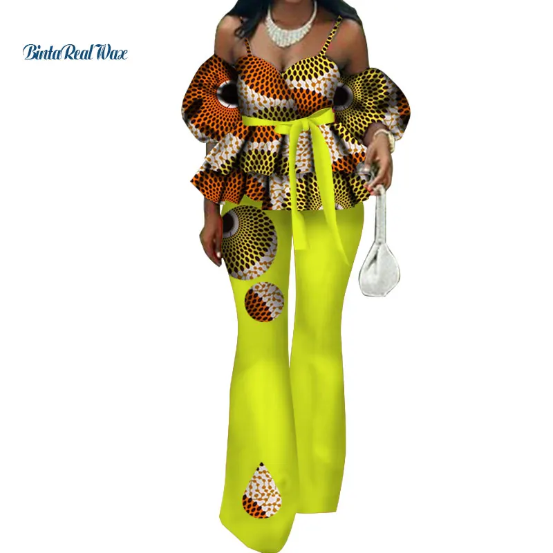 Топ на тонких бретельках с оборками и расклешенные штаны, комплекты с поясом на талии, 2 предмета, комплекты брюк для женщин, одежда в африканском стиле, WY3340 - Цвет: 19