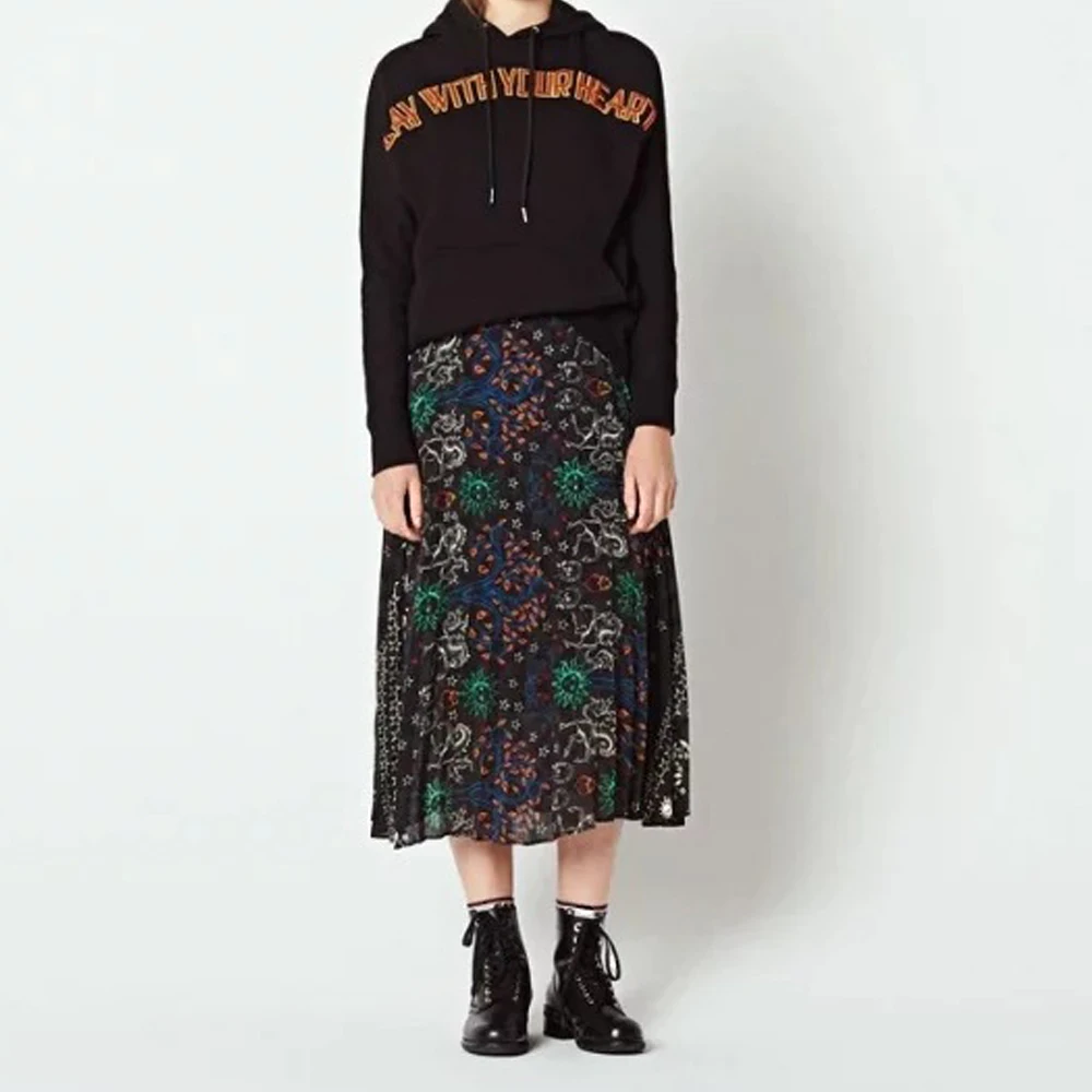

2019 spring Elegant mid-length pleated skirt with creative printing for women