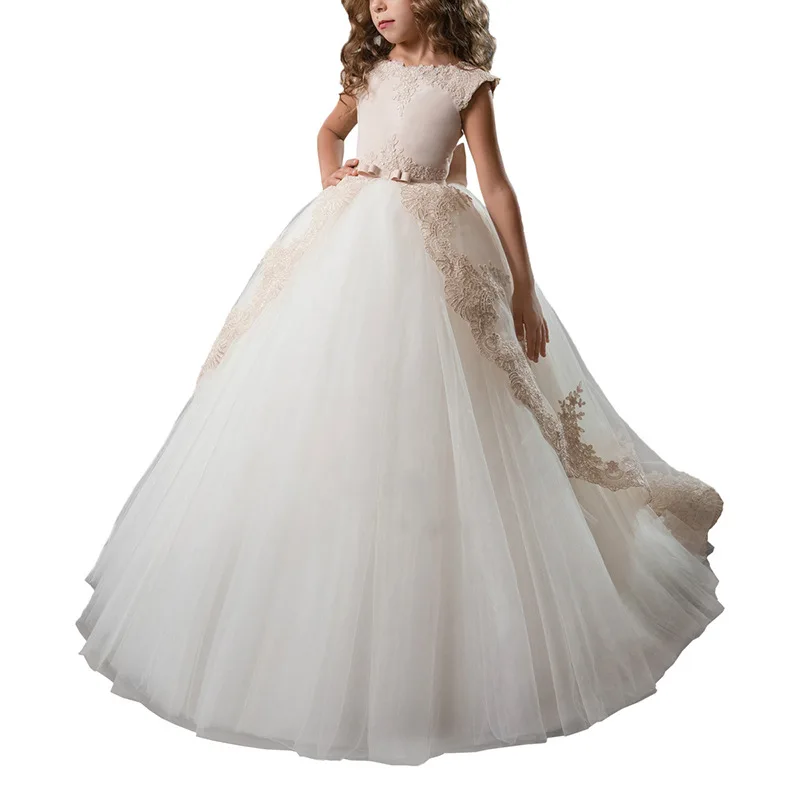 

2019 Spring Summer Pink Dresses With a long train Lace Girls Dresses For Parties and weddings fluffy dresses for girls