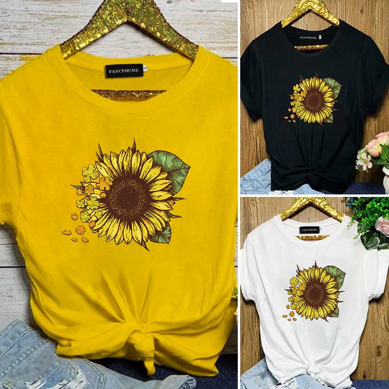 Street Wear Harajuku Sunflower Happiness Print Cropped Women T-shirt Casual Sexy Crop Top Slim Tshirt
