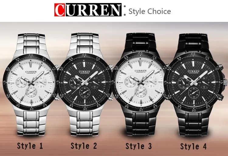 CURREN Модные полностью Стальные кварцевые мужские часы, аналоговые спортивные мужские наручные часы, классические черные и белые часы, мужские часы
