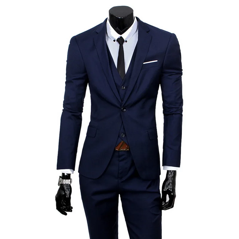 Высококачественный мужской блейзер, тонкие костюмы, модная одежда, тонкий костюм из трех предметов, блейзер(пиджак+ низ+ жилет), комплекты - Цвет: Тёмно-синий