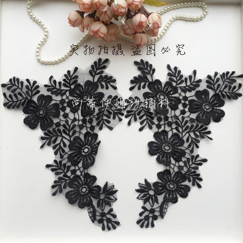 

Rayon material soft quality tulle mesh embroidered sew on patches 8 Pieces=4 Pairs Black lace applique flowers elegant 2019 NEW