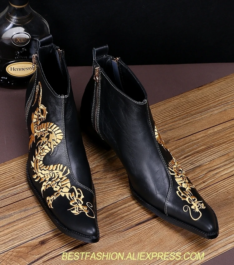 

Italian style men's cowhide leather ankle boots short pointed embroidery leather shoes Black dragon print cool boots men 46