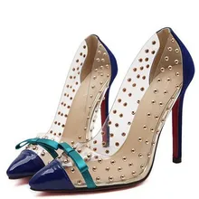 Femmes doux transparent panneaux bowtie rivet bout pointu rouge fond hauts talons uniques chaussures calzado scarpe scollate dames pompes