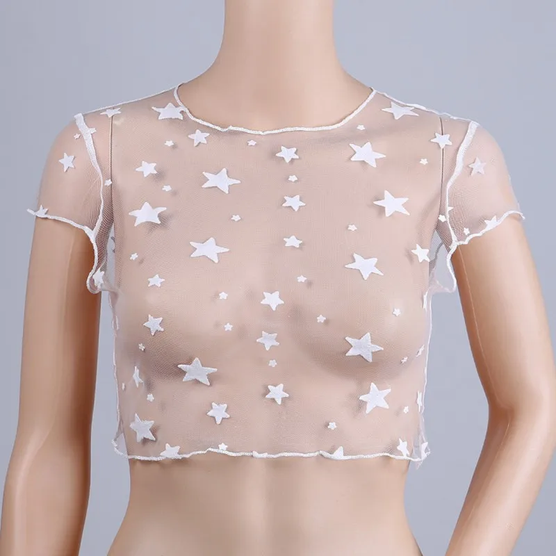 Леди Звезды Вышивка сетки Блуза Топ Клубная одежда Мода 2017 г. Для женщин пикантные See-Корыто короткие блузки рубашки прозрачным укороченный