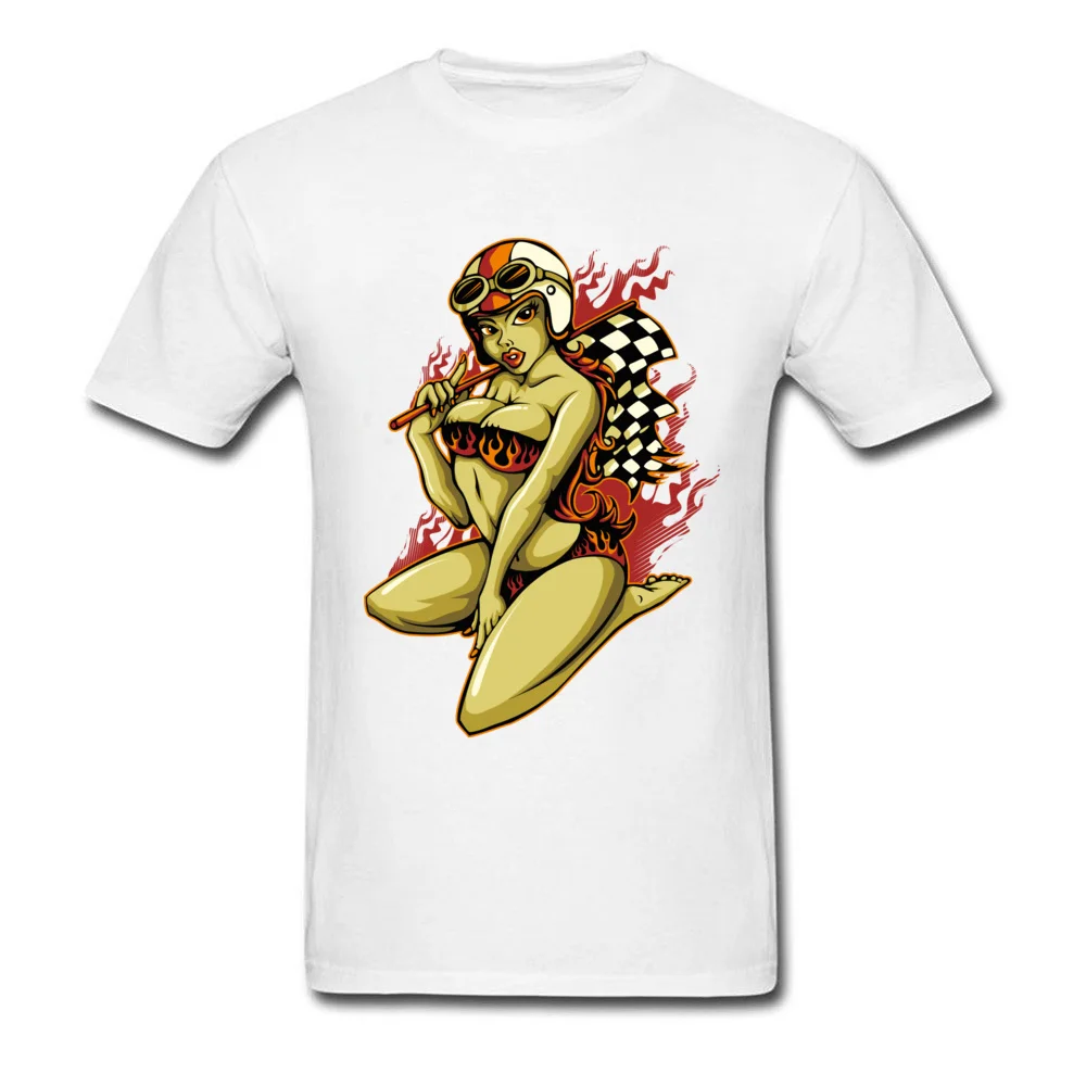Printed On Tops & Tees Faddish O Neck comfortable Short Sleeve All Cotton Male T-shirts Personalized Tees Free Shipping Hot Pin Up Girl with Racing Flag white