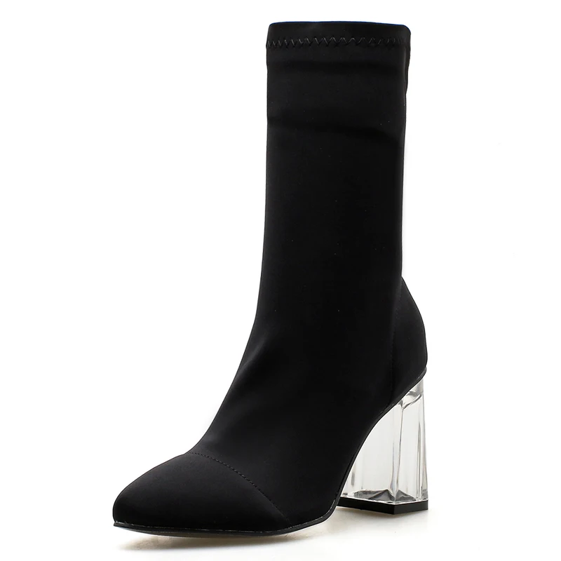 Женские ботинки; эластичные ботильоны с острым носком; обувь на высоком толстом каблуке; женские ботинки на прозрачном каблуке; Цвет Черный
