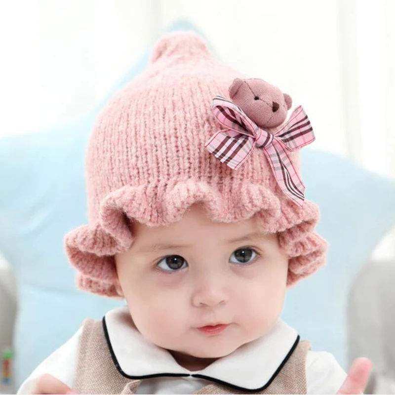 

Children Winter Hat Toddler Kids Baby Warm Winter Wool Hat Knit Beanie with lovely bowknot Bear Baby Beanies Casual Cap