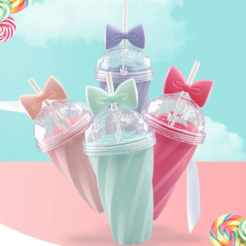 

Creative 420ml Plastic Water Bottle Girls Love Bowknot Twisted Candy Design Diamond Shape Lid Convenient Suction Straw Drinkware