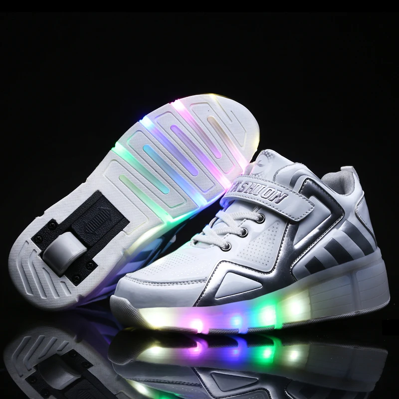 С светодиодный обувью для детей; модные детские кроссовки из искусственной кожи; Спортивные Повседневные светящиеся кроссовки для мальчиков и девочек; размеры 28-41