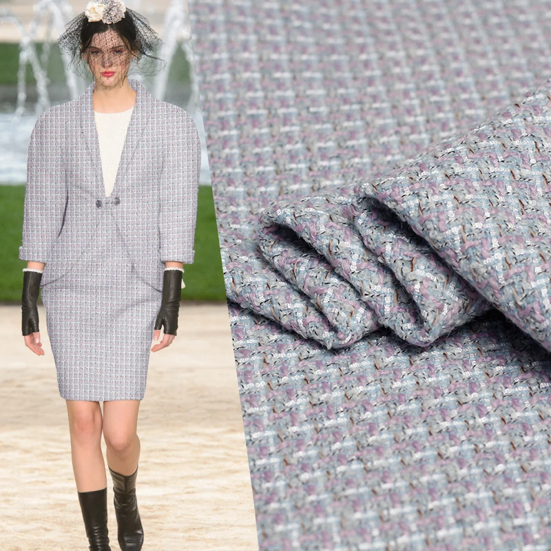 

Pearlsilk Pink Blue Tweed Wool Chan's Style Garment Materials Autumn Jacket Dress DIY clothes Fabrics