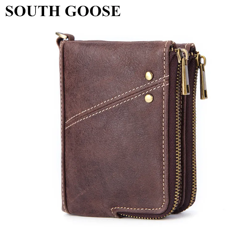 

SOUTH GOOSE Genuine Leather Men Wallets Short Coin Purse RFID Business Card Holders Double Zipper Cowhide Wallet Purse Carteira