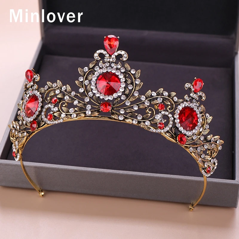 

Minlover Baroque Vintage Red Crystal Wedding Tiara Crowns Women Hair Jewelry Accessories Queen Diadem Bride Crown Headband HG148