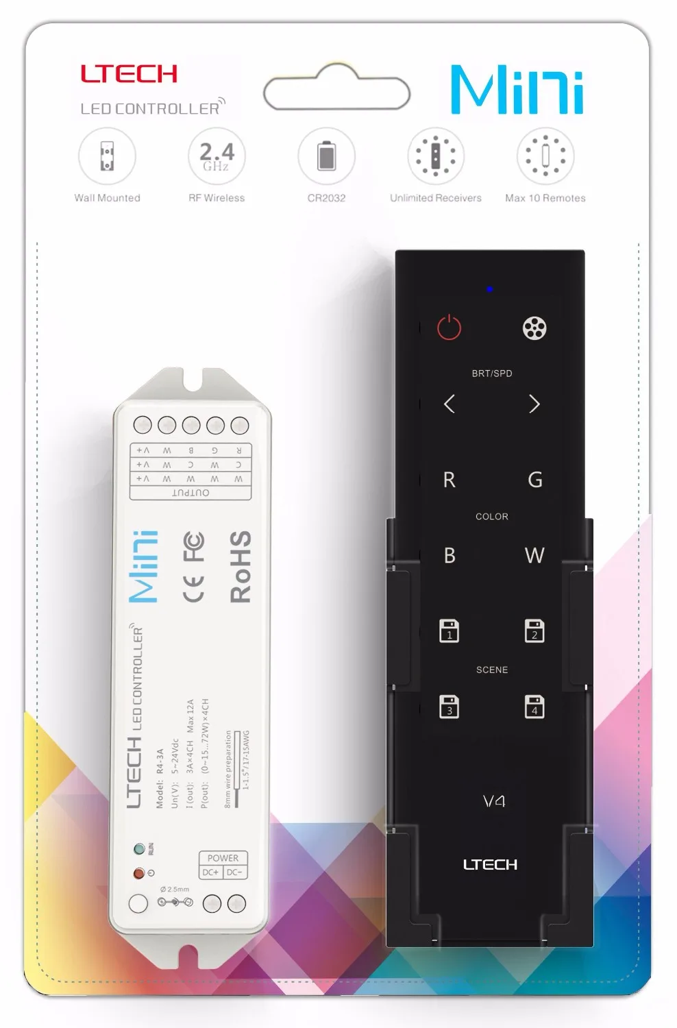 

V4+R4-3A; 2.4G RGBW Controller;DC12-24V input;3A*4CH output