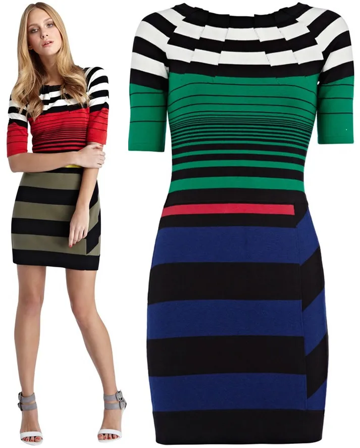 Fashion Strip Knit Dress Novelty Pleated Summer Sheath Dresses KL210in