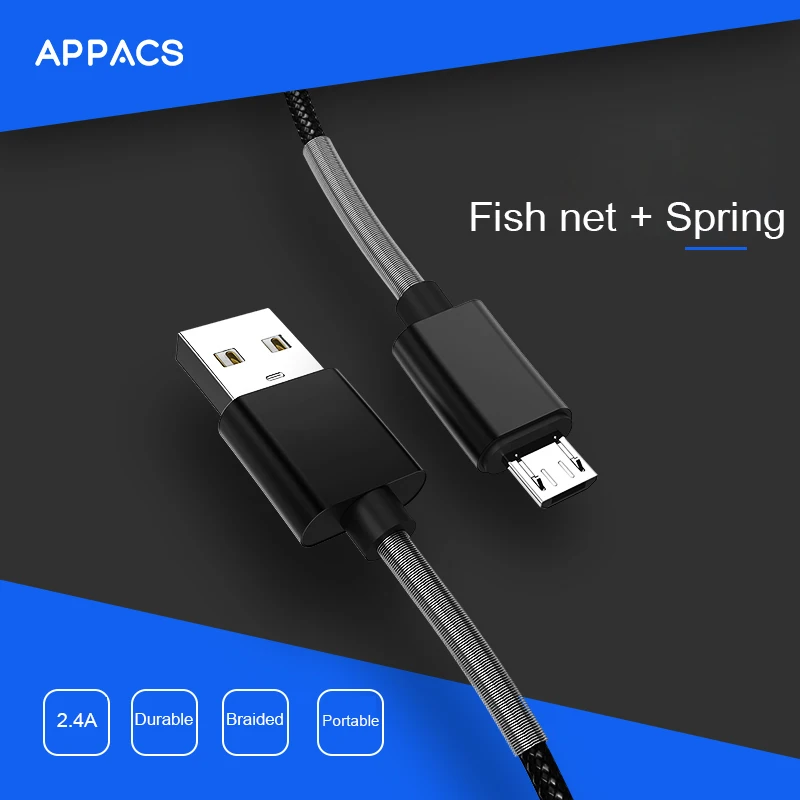 Зарядный кабель APPACS 1 м 3 фута сетчатый Плетеный пружинный Micro USB типа C для