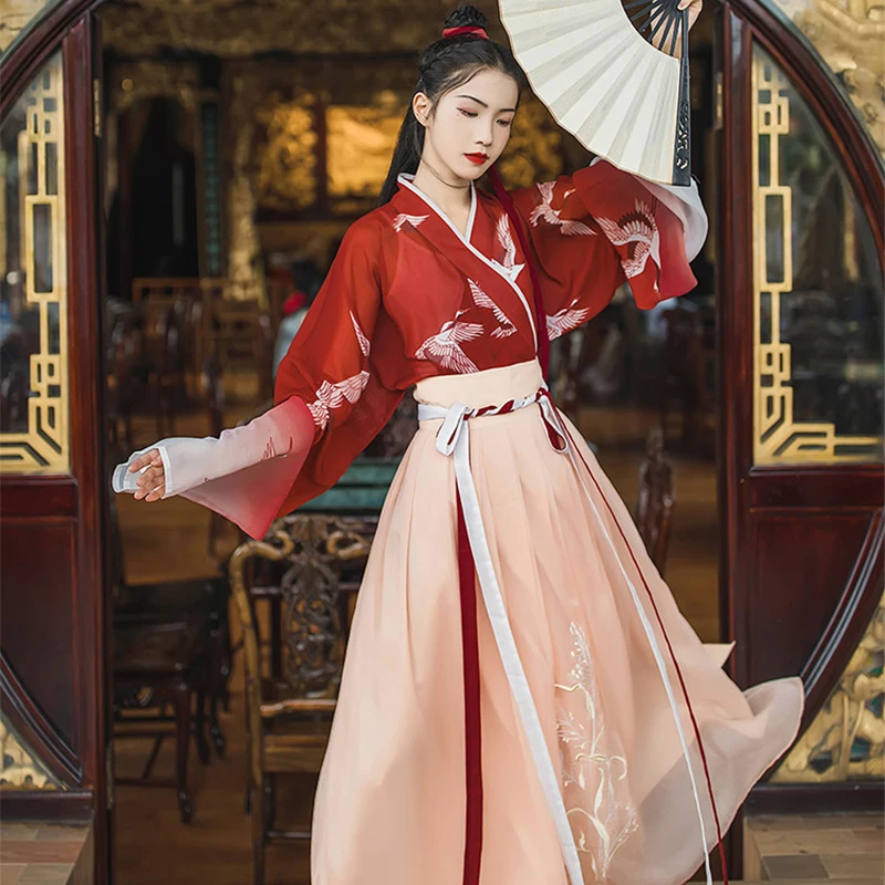 Женский костюм Hanfu, китайский стиль, Студенческая Китайская древняя и традиционная одежда, женское Красное элегантное платье для народных танцев DQL731