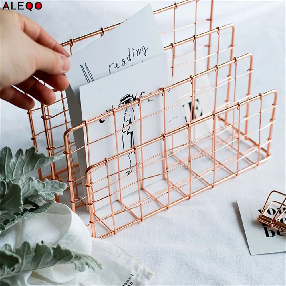 

Metal Rose Gold Storage Basket Vogue Modern Chic Nordic Graceful Net Iron Desk Magazine Newspaper Book Organizer Storage Basket