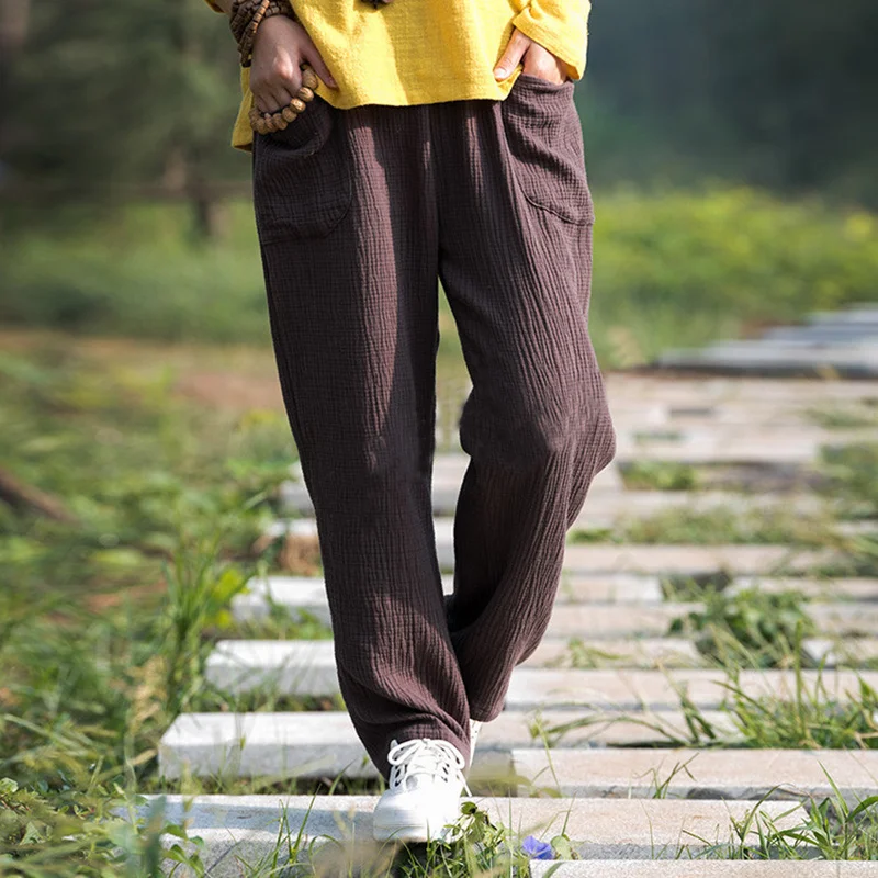 

Johnature 2019 Autumn Winter Double Cotton Women Pants New Casual Simple Eastic Waist Loose Solid Color Cotton Linen Pants