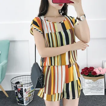 

2019 Plus Size Women 2 Pieces Sets Ladies Striped Shorts Suit Women Short Sleeve Tops And Mini Shorts Set