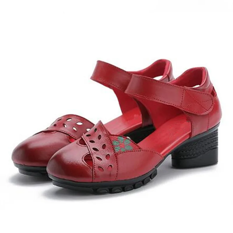 

Special Price Promotion Hollow Cowhide Women Leather Sandals 2019 Summer Thick Heel Banquet Wedding Shoes Woman Fashion Sandals