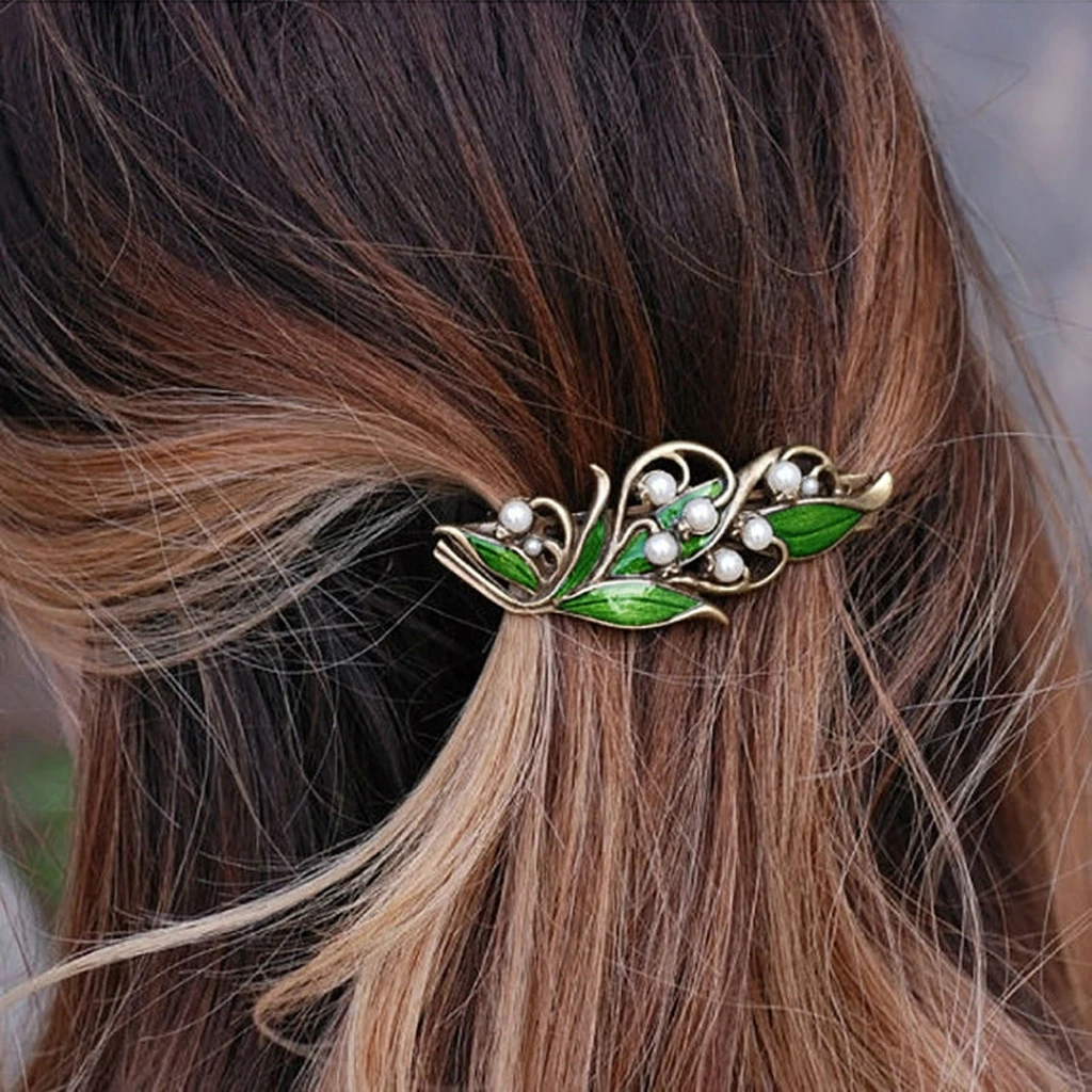 Retro Green Rhinestone Pearls Sprung Barrette Women Ladies Headwear Hairpin Hair Clip Accessories