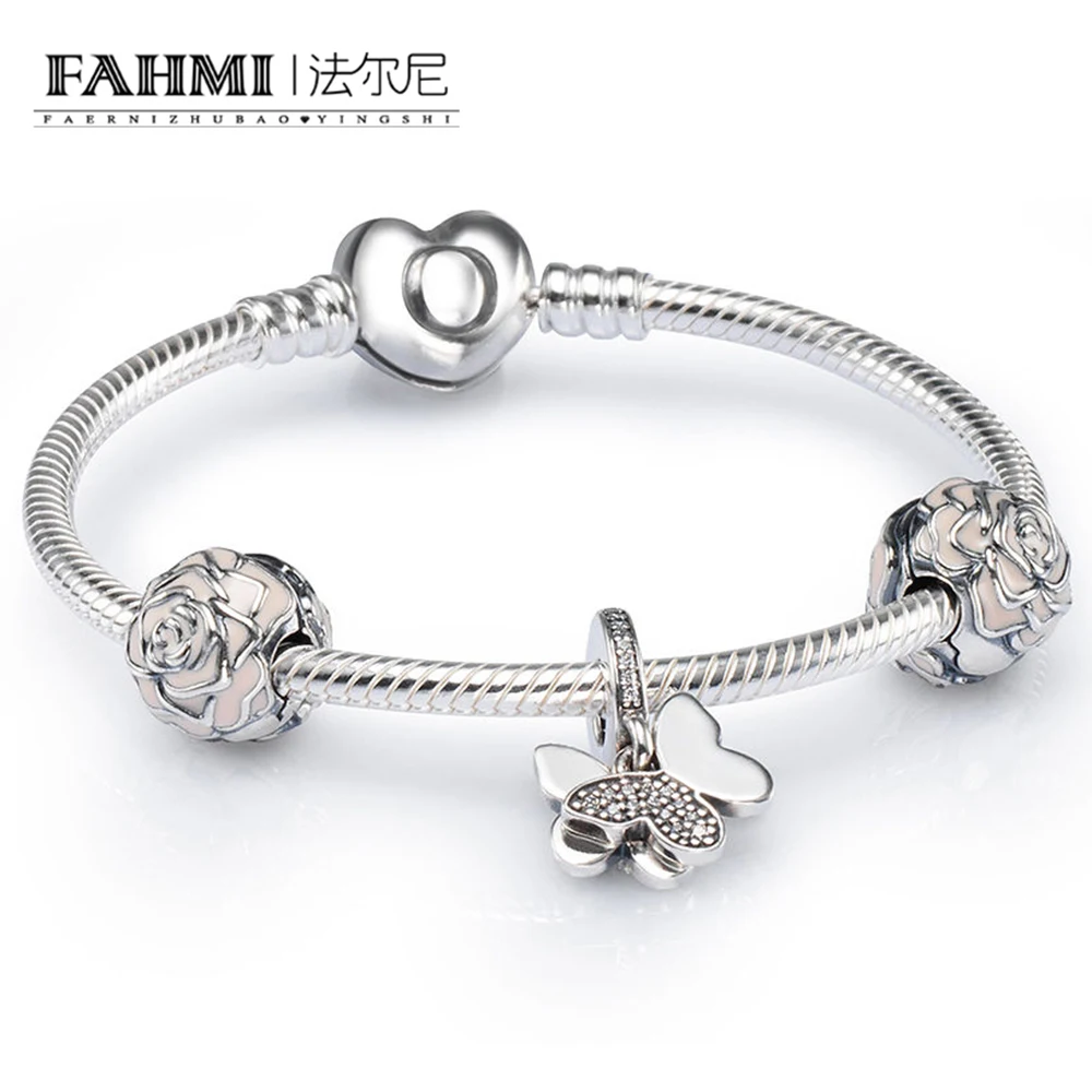 

FAHMI 100% 925 Brand-new 1:1 Charm Elegant Charming Butterfly and Rose Bracelet Set Factory Direct Fit DIY Gift