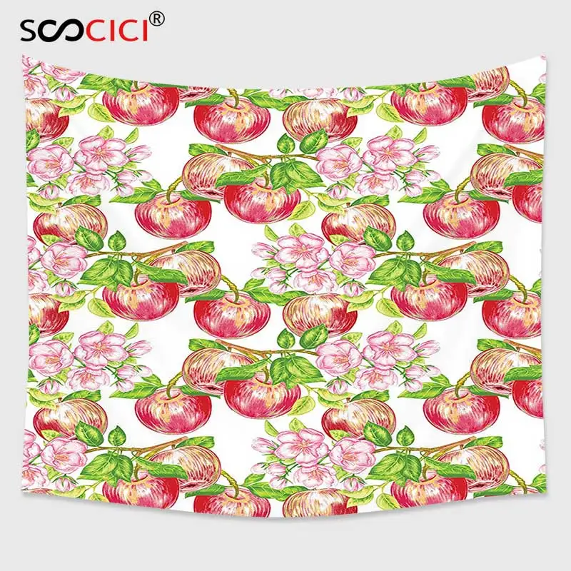 Cutom Tapestry Wall Hanging Victorian Decor Apple Tree in Summer Time with Flowers Nature Scenery Cultural Artwork Print Red | Дом и сад