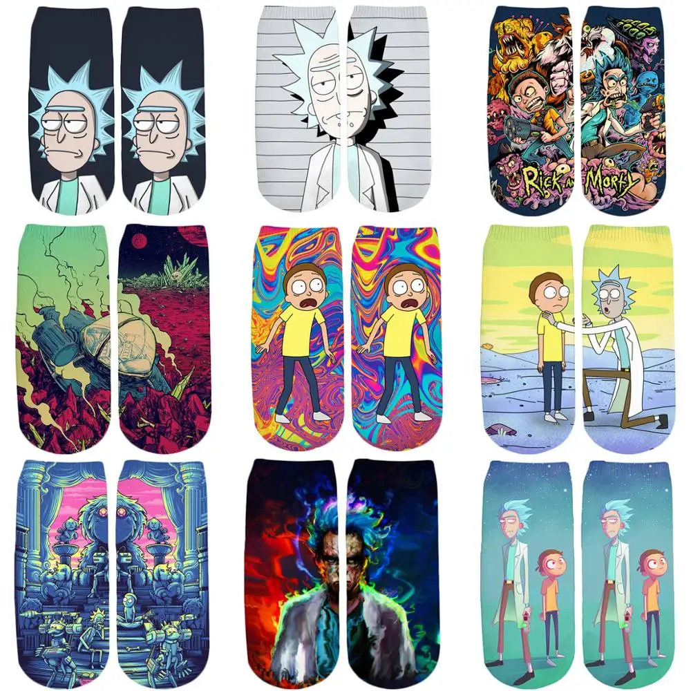 

PLstar Cosmos 2019 New 3D Printed Cartoon Rick and Morty cute short ankle socks for Men Women harajuku korean socks WZ033