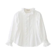 Детская рубашка для девочек, хлопковые весенне-осенние блузки для девочек, белые детские рубашки с длинными рукавами для девочек, От 3 до 11 лет, RT339