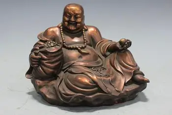 

Chinese Buddhism Red Bronze Copper laugh Maitreya Buddha Hold Beads Statue
