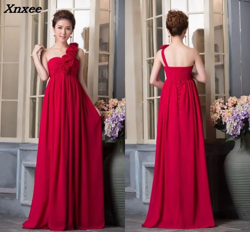 

New Summer One Shoulder Flowers Chiffon Dresses Female Maxi Party Dress Vestidos Dark Red/White Long Prom Evening Gonws