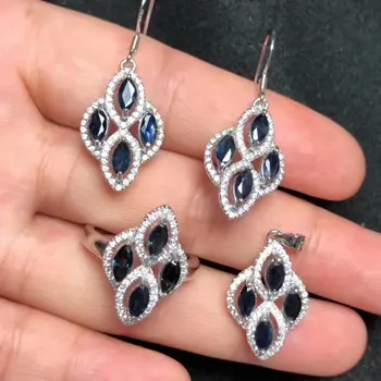 

Natural blue sapphire gem ring earrings Pendant Natural Gemstone Jewelry Set 925 Silver Fashion rhombus Women party gift jewelry
