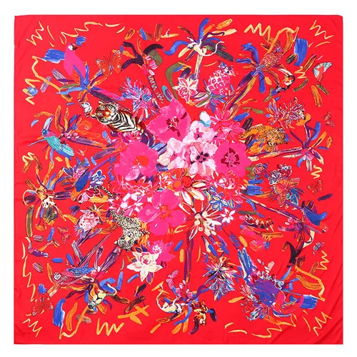 POBING 130 см* 130 см шелковый шарф женские Большие шали роскошные цветочные птицы граффити квадратные шарфы Echarpes Foulards Femme шейный платок - Цвет: Red