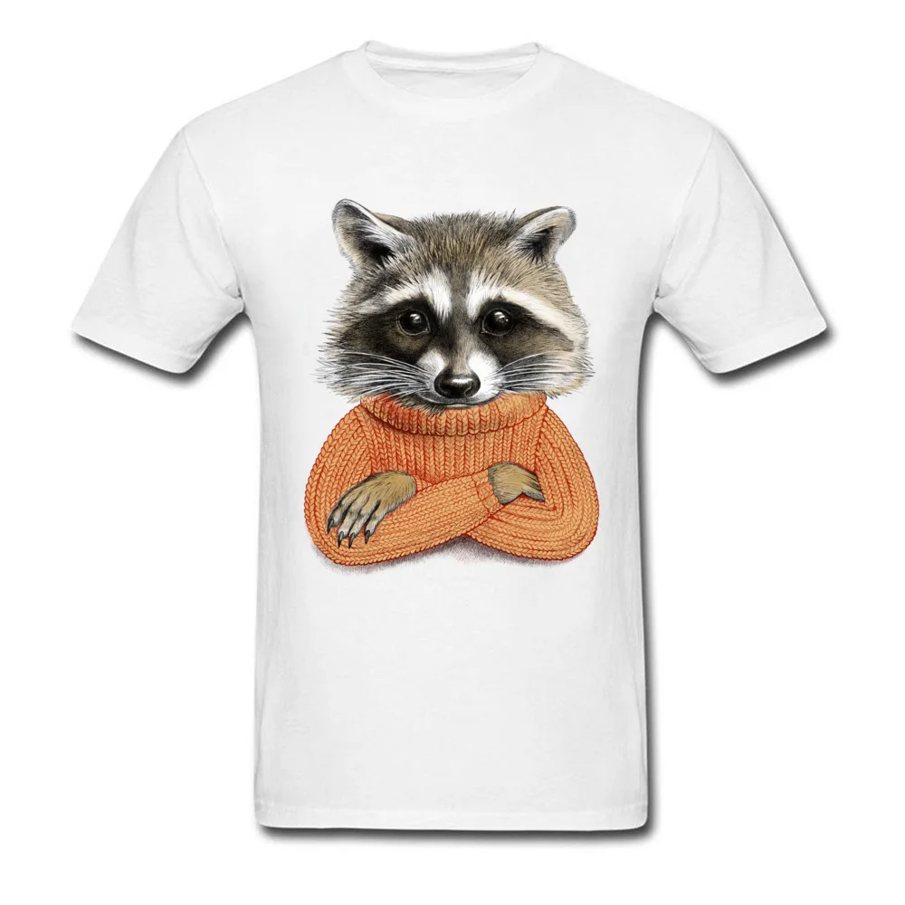 Normal Short Sleeve Tops Shirt Summer/Fall O-Neck 100% Cotton Men Tshirts Raccoon in winter sweater Normal Tee Shirts Fashion Raccoon in winter sweater white