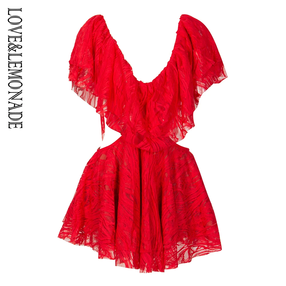 Кружевное бальное платье с v-образным вырезом и двойными оборками Love& Lemonade LM81369-1RED