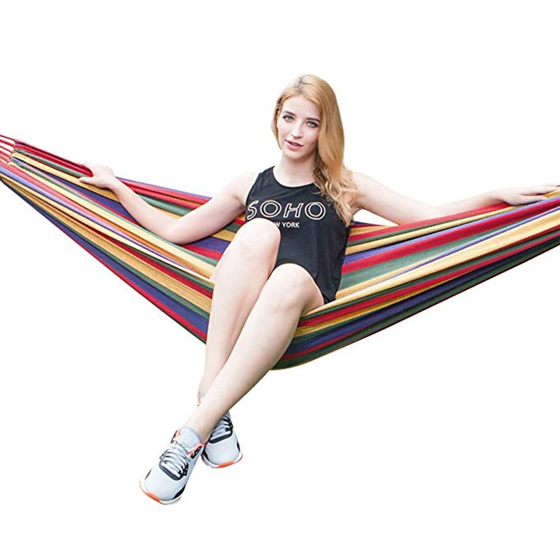 

High Strength Portable Sleeping Hammock Backpacking Hiking Woven Cotton Fabric Tender Green Striped Camping Furniture