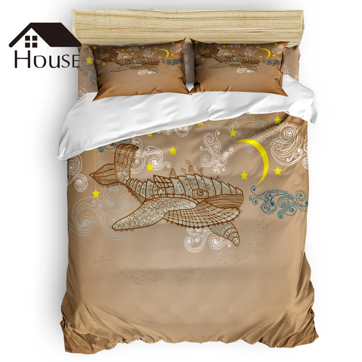 

BIGHOUSES Duvet Cover Set Whale Moon Star Cartoon Myth Duvet Cover 4 Piece Bedding Set