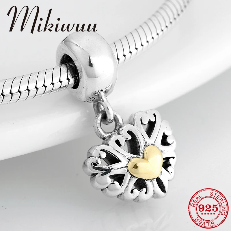 

Real 925 Sterling Silver Gold color Hollow out heart shape fashion Pendants Jewelry making Fit Original Pandora Charm Bracelet