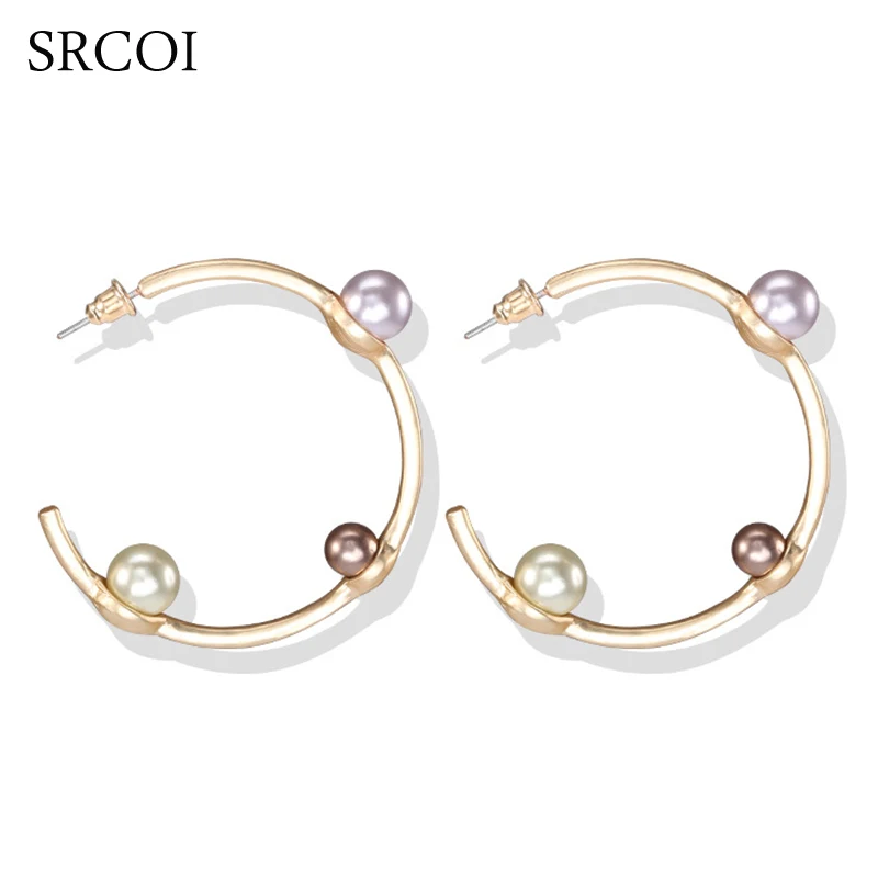 SRCOI Beautiful Imitation Pearls Earrings Circle Open C Shaped Big Round Women's Hoop For Girl Special Wedding Bijoux | Украшения и