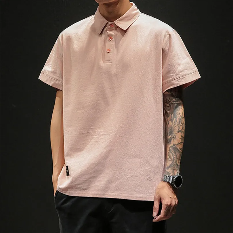 New Fashion Men Summer Cotton And Linen Short Sleeve Solid Color Stand Neck Loose Casual T Shirt Blouse Polo Top #4A24 (18)
