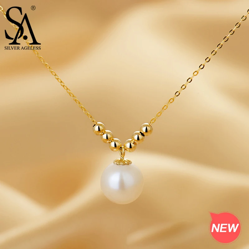 

SILVER AGELESS 18K Yellow Gold Freshwater Pearl Pendant Necklaces for Woman Pink/White/Purple Round Ball Pearl Necklaces Trendy
