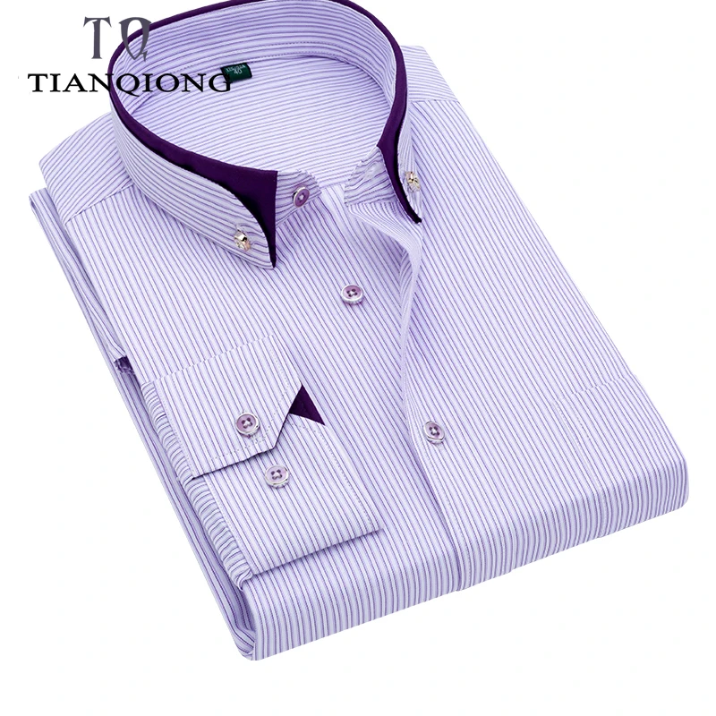 Новое поступление весенние высококачественные полосатые повседневные мужские рубашки, мужские клетчатые рубашки, синие фиолетовые, мужские рубашки больших размеров M-5XL - Цвет: Purple stripes