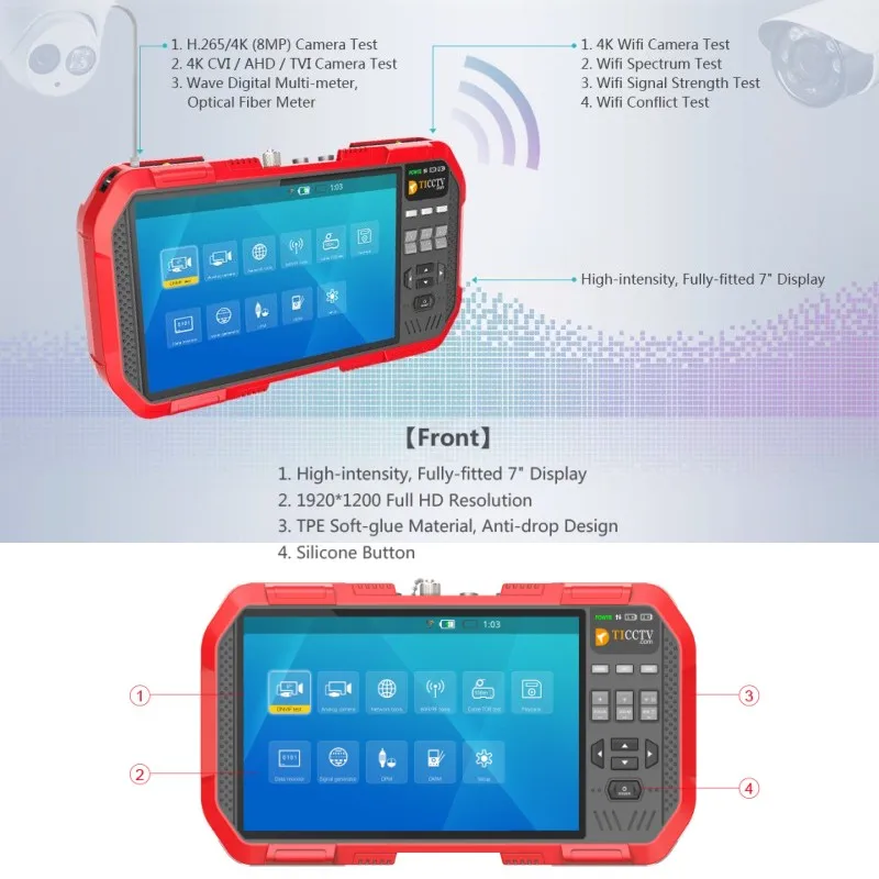  Newest 7 Inch H.265 4K IP camera tester 8MP TVI CVI 5MP AHD CVBS CCTV Tester Monitor with Multimete